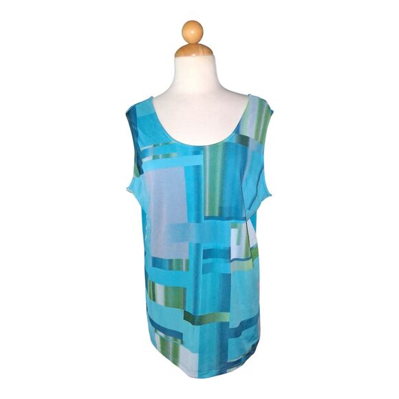 Susan Graver Blue Green Geometric Cardigan & Tank Twin Set Large Women’s Knit - Picture 3 of 12